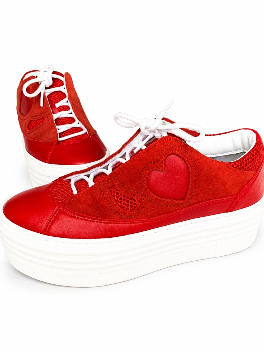 LOVE Moschino Red Suede & Leather Heart Platform Sneakers 38